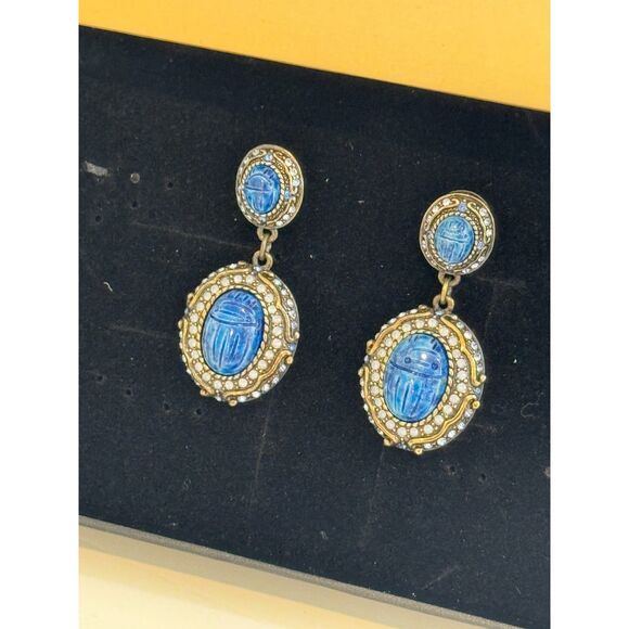 Heidi Daus Sparkling Scarab Carved Blue Stone & Crystal Drop Earrings - Picture 6 of 7